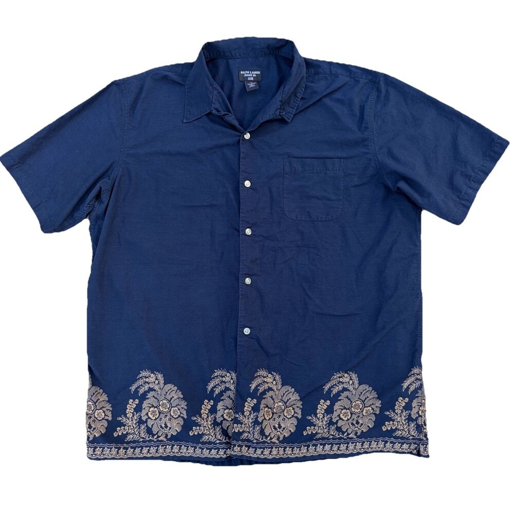 Ralph Lauren Jeans Co Hawaiian Camp Shirt Floral Blue Gold XL Loop Collar Polo